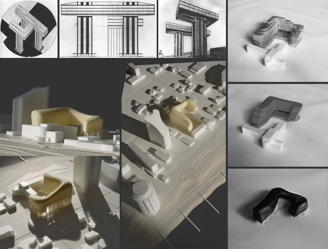 El Lissitzky - Horizontal Skyscraper project. 1923-1935. Axonometry, facades, perspective